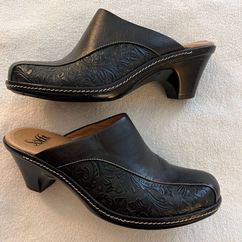 Women's Sofft Black Mule Clog Floral Embossed Comfortable Heels, Size 7.5